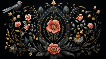 Vibrant wall art with colorful exotic birds and flowers in a detailed and intricate designの素材