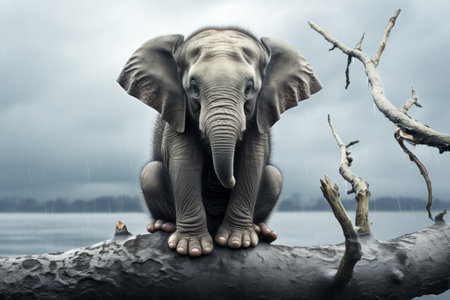 Solitary elephant perched on tree in surreal natural setting, depicting theme of solitudeの素材