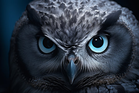 Majestic great gray owl portrait with neon blue eyes symbolizing nature freedom and mysteryの素材