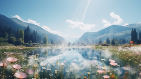 Double exposure revealing a vibrant and scenic nature landscape in soft morning lightの素材