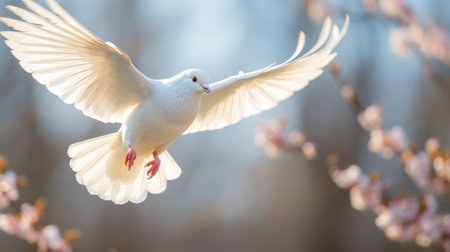 White dove flying under sunlight with sakura trees in the background, a serene sceneの素材