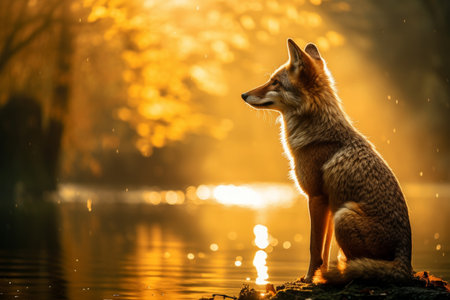 Misty autumn forest fox silhouette in wildlife scene amidst the foggy landscapeの素材