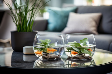 Minimalist interior design planted fish bowl and vivarium in bright living roomの素材