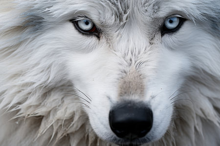 White wolf close up portrait of majestic canine with neon blue eyes, symbolizing wildlife beautyの素材