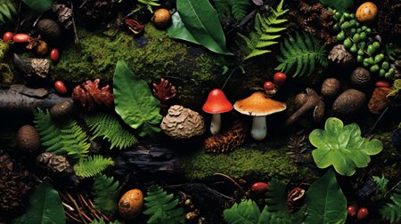 Earthy fusion abstract collage of wood, stone, moss, and mushrooms in an intriguing compositionの素材