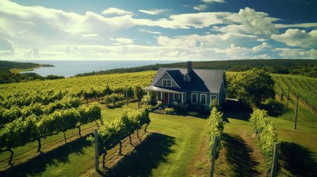 Idyllic aerial view of vineyard and villa in sunny rural landscape, ideal for farm bannerの素材