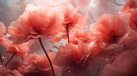 Ethereal double exposure delicate red poppies in soft illumination, showcasing artistic finesseの素材