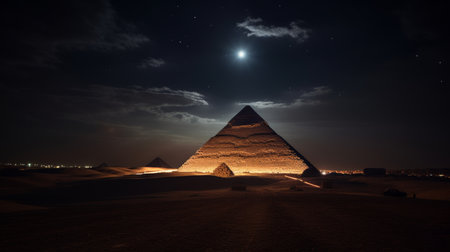 Majestic pyramid atop mountain glowing under moonlight, creating a captivating sceneの素材