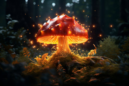 Wizardly forest scene enchanting glow of mystical mushroom in a magical woodland ambianceの素材