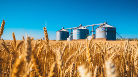 Spectacular view of towering grain storage silos against the backdrop of a vast wheat fieldの素材
