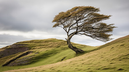 Wind carved tree on hillside epitomizes the essence of untouched natural wildernessの素材