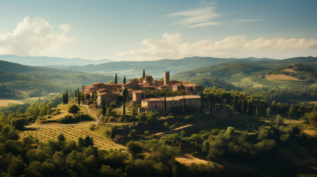 Scenic vineyard landscape aerial view of sunny wine grape hills and villa, ideal for farm bannerの素材