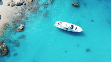 Exotic coastal beauty aerial view of boat on tropical ocean shore, representing summer travelの素材