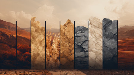 Abstract blend of varied earth textures in a captivating collage of natural elementsの素材