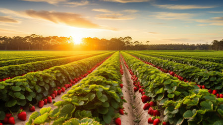 Sunlit strawberry fields a lush berry farm at dusk, showcasing the splendor of fruit cultivationの素材