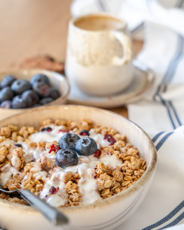 Granola, yogurt, blueberries served in a bowl on a table, vertical background of healthy cereal breakfast conceptの写真素材