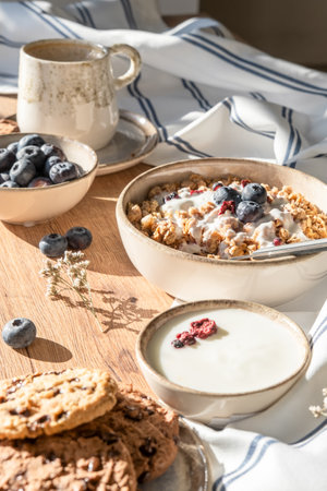 bowls of cereal poured with yogurt, oatmeal cookies and blueberries served on the wooden tableの写真素材