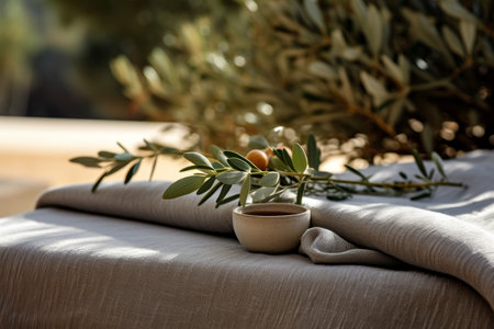 Rustic wooden table with olive tree plant, fabric product mockup in aesthetic background designの素材