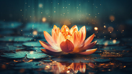 Captivating glowing lotus flower on turquoise water background with space for artistic imageryの素材