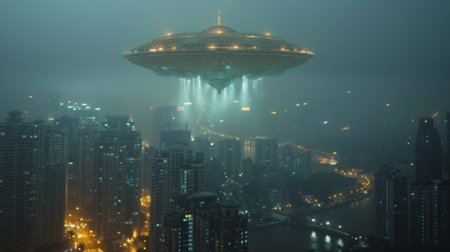 extraterrestrial encounter, unidentified alien craft hovers above city, mystery object seen in night skyの素材