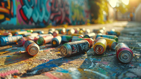 street art, graffiti tags and spray paint cans littering the ground, showcasing artistic expression in the urban settingの素材