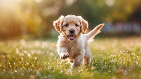 happy puppy energetically chasing its tail in the grass, embodying playful and lively dog behaviorの素材