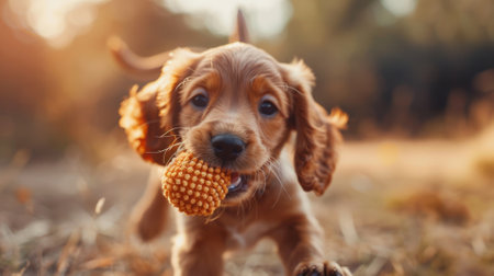 playful puppy, happy puppy with floppy ears carrying a squeaky toy in its mouth, playful and joyful in their anticsの素材
