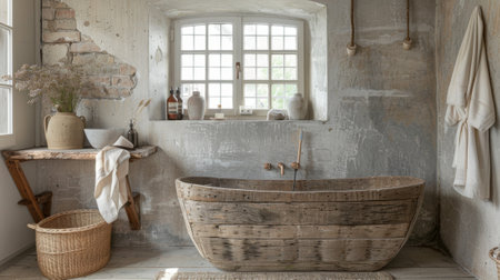 rustic bathroom design, serenely rustic bathroom with aged wooden tub and artisanal ceramic sink, celebrating the allure of imperfections through wabi-sabi designの素材