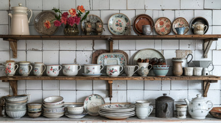 rustic kitchen decor, in the rustic country kitchen, antique ceramic plates and mugs on aged wooden shelves bring a nostalgic allure to the roomの素材