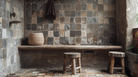 rustic bathroom decor, rustic wabi sabi bathroom with shabby wooden stools and aged stone tiles evokes tranquility and charm in its worn-out appearanceの素材