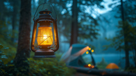 high quality illustration, a lantern shines inside a tent at night, capturing the essence of camping in the wildernessの素材
