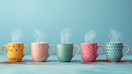 high quality illustration, various coffee mugs with steam, promoting international coffee day with a cozy feel in a bannerの素材
