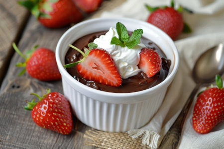 indulge in a scrumptious chocolate pudding with ripe strawberries and a dollop of whipped cream an ideal summer dessertの素材