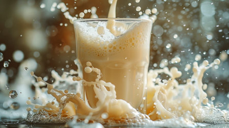 close-up shot capturing fresh milk poured into a glass, showing the splash and bubbles formingの素材