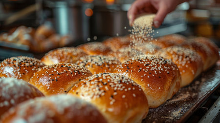 artisan baker applying sesame seeds on bread rolls before baking, showcasing traditional bread-making methodsの素材