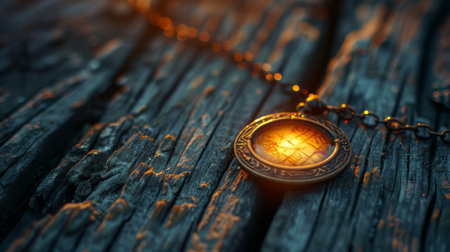 high quality illustration, an enigmatic amulet rests on a weathered wooden table, creating a mystical ambiance with room for accompanying textの素材