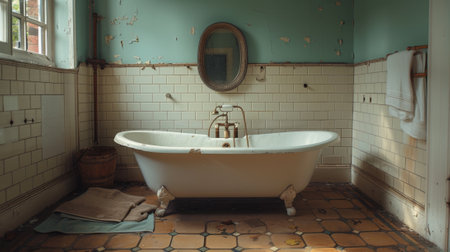 high quality illustration, bathroom with antique bathtub vintage mirror, embodying the classic mirror in bathroom aestheticの素材