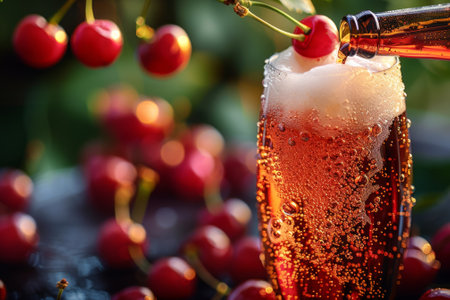 delicious cherry beer, a fluffy pour of cherry beer into a cold glass the ultimate refreshment for a sunny day outside at the beer gardenの素材