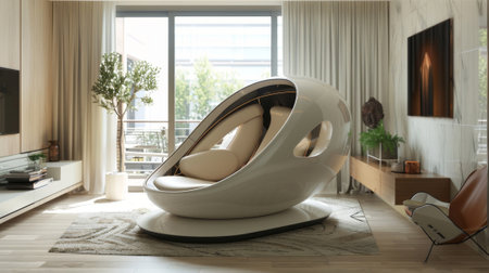 high quality illustration, futuristic robotic furniture that effortlessly changes shapes in home interiors, catering to various needs and preferences with a simple touch, redefines home decorの素材