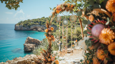 beach boho wedding, relaxed boho beach wedding adorned with seashell garlands and dreamcatchers, creating a whimsical atmosphere by the oceanの素材