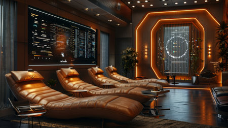 peaceful space with vintage chairs and a brainwave monitor, showcasing the idea of telepathic communicationの素材