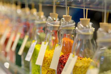 food product labeling, brightly colored tags and labels on food samples offer vital details about ingredient origins and characteristics for analysisの素材