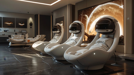 future entertainment technology, in the corner, a vr station with stylish chairs and advanced headsets, giving a taste of future home entertainmentの素材