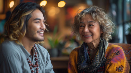 a hispanic male psychologist helps an elderly caucasian woman with mindfulness in a calming room, focusing on mental healthの素材