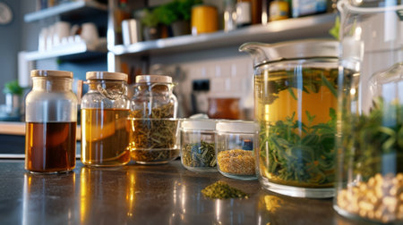 herbal teas and homeopathic remedies displayed on a kitchen counter, promoting alternative medicine and wellnessの素材