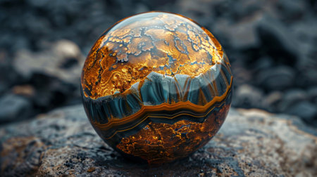 gemstone photography, detailed tiger eye stone sphere close-up displays mesmerizing patterns and golden shades, captivating the viewerの素材