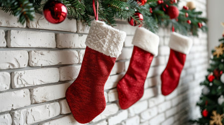 red stockings are hung on a white brick wall, creating a cozy christmas background with space for textの素材
