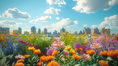 urban rooftop gardening, bright flowers bloom in rooftop garden, enhancing the urban landscape with vibrant hues and beautyの素材