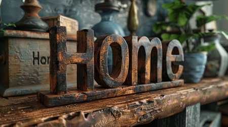 banner mockup displaying wooden letters spelling out home on a wall, illustrating the concept of a cozy homeの素材