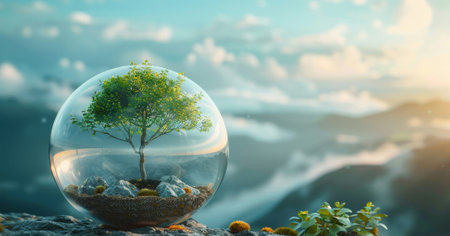 eco-friendly atmosphere, green plant in glass dome highlights need for clean air in sustainable environment, against clear blue sky backdropの素材